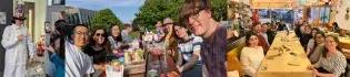 Sander Granneman lab group people photos, in the lab, eating outdoors at a picnic bench and at a restaurant table