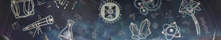 Part of a mural depicting the night sky over Edinburgh, with the constellations outlined to show scientific shapes like atoms, a telescope and DNA strands