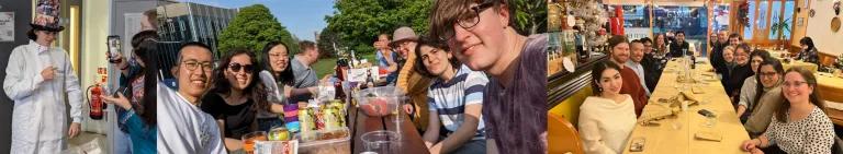 Sander Granneman lab group people photos, in the lab, eating outdoors at a picnic bench and at a restaurant table