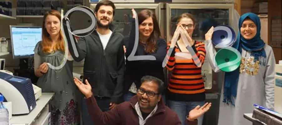Group photo with the lab members making the letters of 'JP LAB' with their arms, JP crouches in front