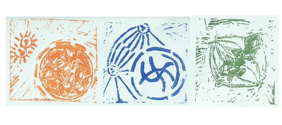 Photo of collage of three paint prints of cell images