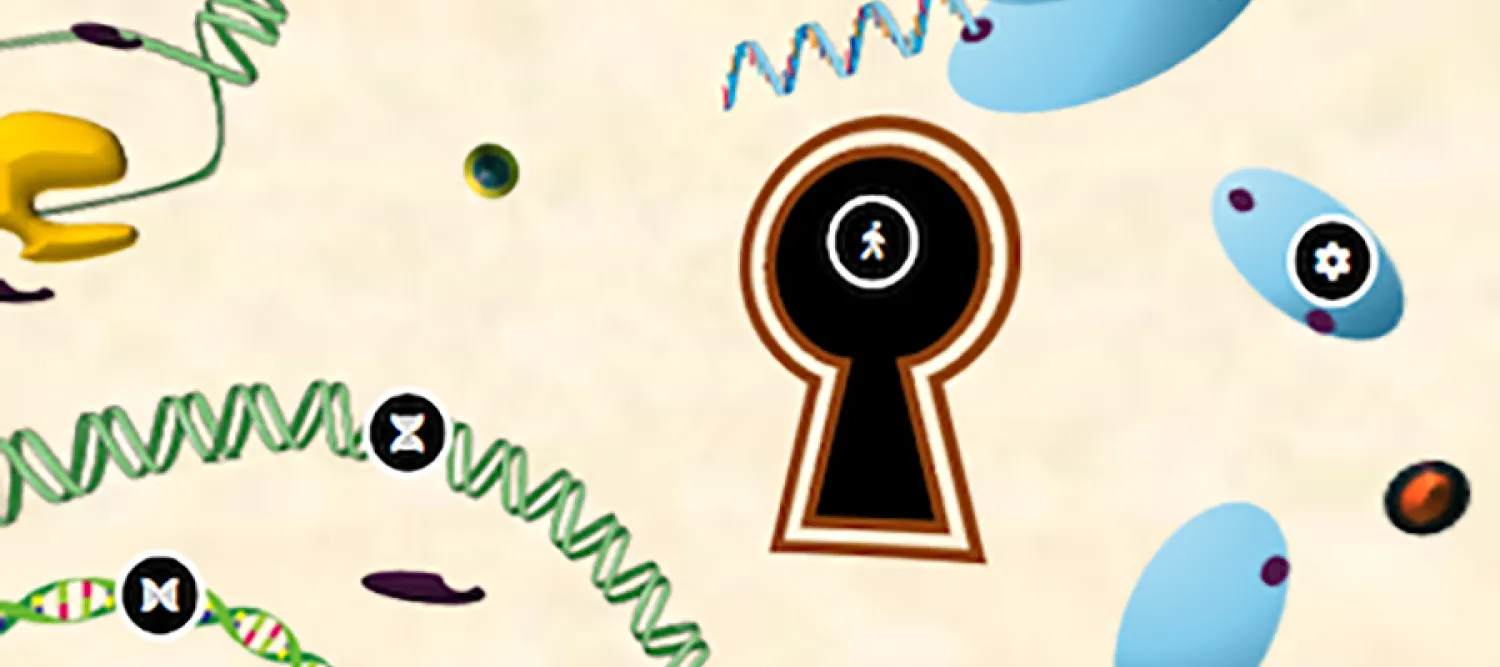 Screenshot from learning game, showing DNA strands in green, cell structures, icons of DNA and a person in 'exit style' in front of a key hole shape