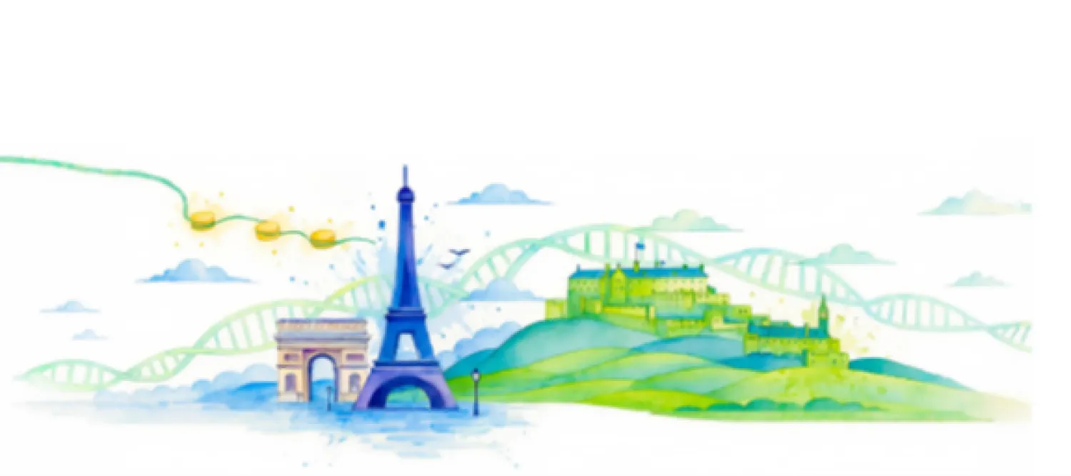 scene with images of landmarks from Edinburgh and Paris, with chromatin structures