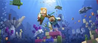 Screenshot from Minecraft Millport, underwater figures surrounded by shipwrecks, coral and fish