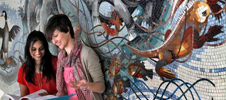 A Student and Teacher Looking at a Notebook in front of a Grafitti Wall