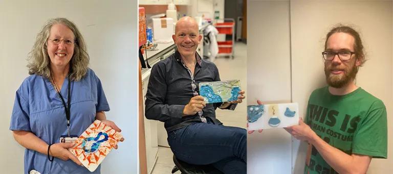 Collage of three researchers holding their tile artworks.