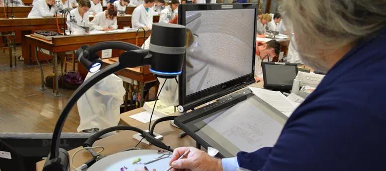 Photo of a demonstrator using a microscope in front of a practical class