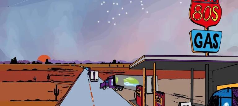 cartoon of trucks on a road