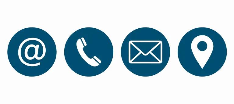 Graphic image of 4 blue circles with white symbols: an @ a telephone an envelope and a map pointer