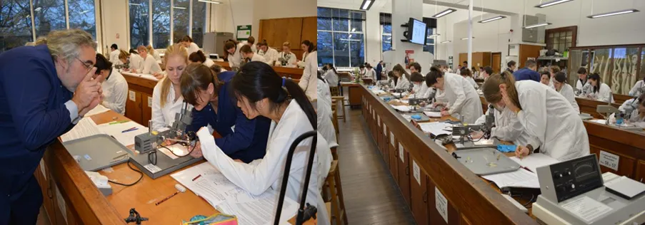 Demonstrators (blue lab coats), helping students in the Ashworth teaching lab.