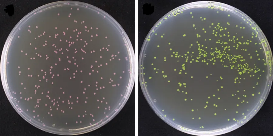 Coloured chromogenic proteins, produced by bacteria, allow users to visually distinguish different assembly levels 