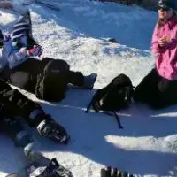 Panorama photo of the group sitting around on the snow