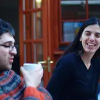 Photo of two lab group members sharing a laugh