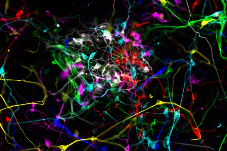 Overlay of seven different images of pluripotent stem cell-derived neurons, each image false coloured in a different colour.