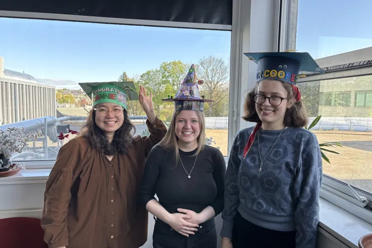 Dr Zishan Fu, Dr Tea Reinert, and Dr Laura Cooper stand in front of a window wearing crafted paper hats, celebrating passing their vivas