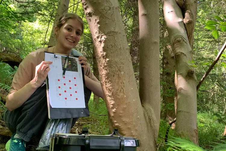 Photo of a fieldworker crouched under a tree in a wooded area, holding a clipboard with red dots on it 
