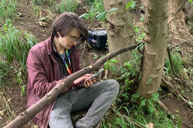 Photo of a fieldwork sitting by a tree and recording data on a handheld device