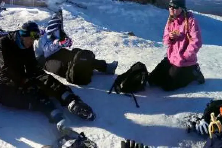 Panorama photo of the group sitting around on the snow