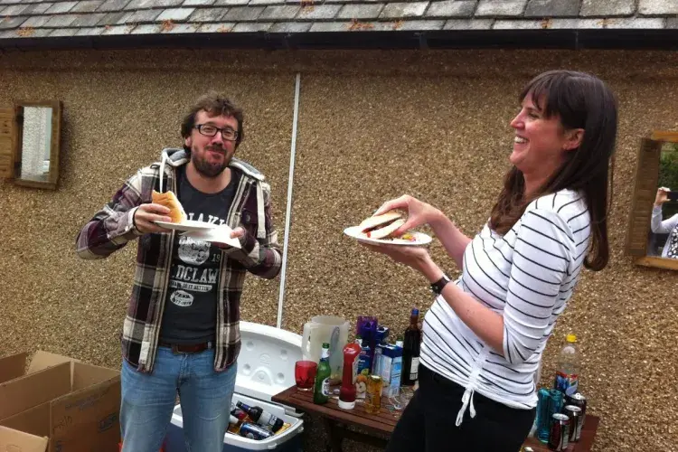 Photo of the lab group sitting with drinks 
