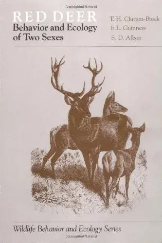 Cover of "Red deer: behavior and ecology of two sexes" - a monochrome drawing of a male deer, a female deer and a calf.