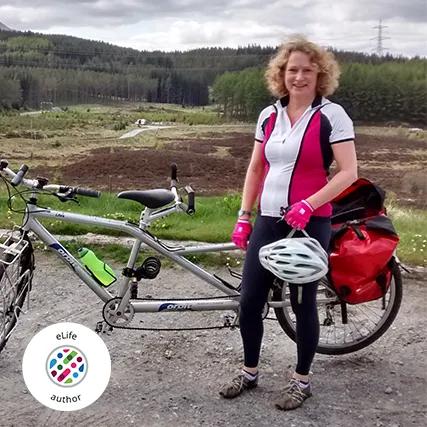 Collage of two images: Julia Richardson standing near her bike with the view of hills behind, and an eLife journal author badge.