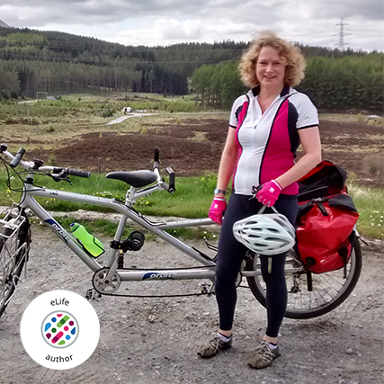 Collage of two images: Julia Richardson standing near her bike with the view of hills behind, and an eLife journal author badge.