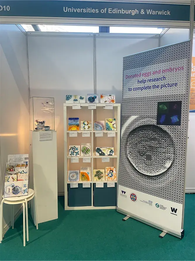 Photo of the exhibition stand with the tile artworks and a poster banner "Donated eggs and embryos help research complete the picture".