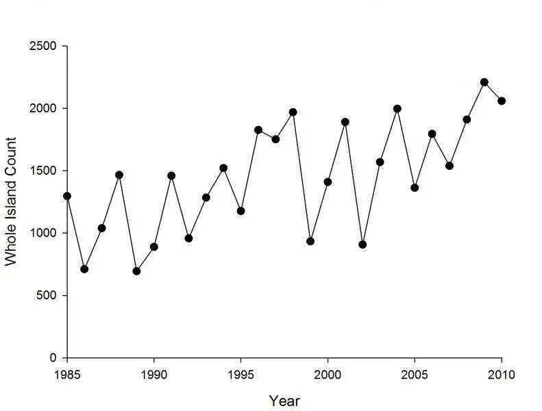 Graph of whole island sheep count vs year showing an up and down trend, on average going slightly up over time.