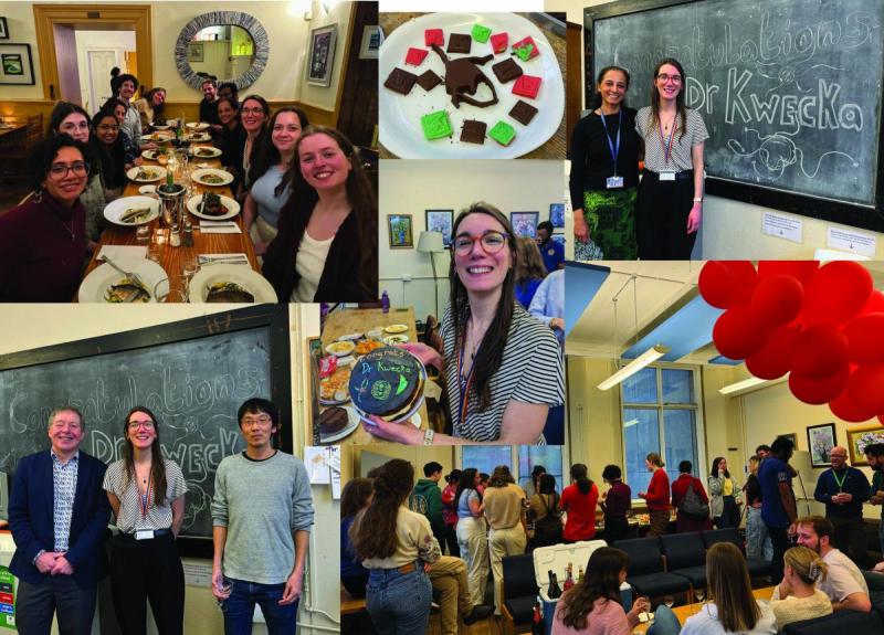 Collage: Domi Kwecka and colleagues in front of a blackboard saying "Congratulations Dr Kwecka", Domi holding a cake with the same saying on it, Domi and group celebrating at a dinner and at a social on campus.
