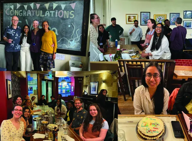 Collage of four images: Neelakshi Varma, Nisha and colleagues standing in front of a whiteboard saying "Congratulations Dr Varma"; researchers gathering around a table with a cake; researchers at a dinner and Neelakshi Varma posing next to a cake that has various graphs and "Congratulations Dr Varma" written on it.