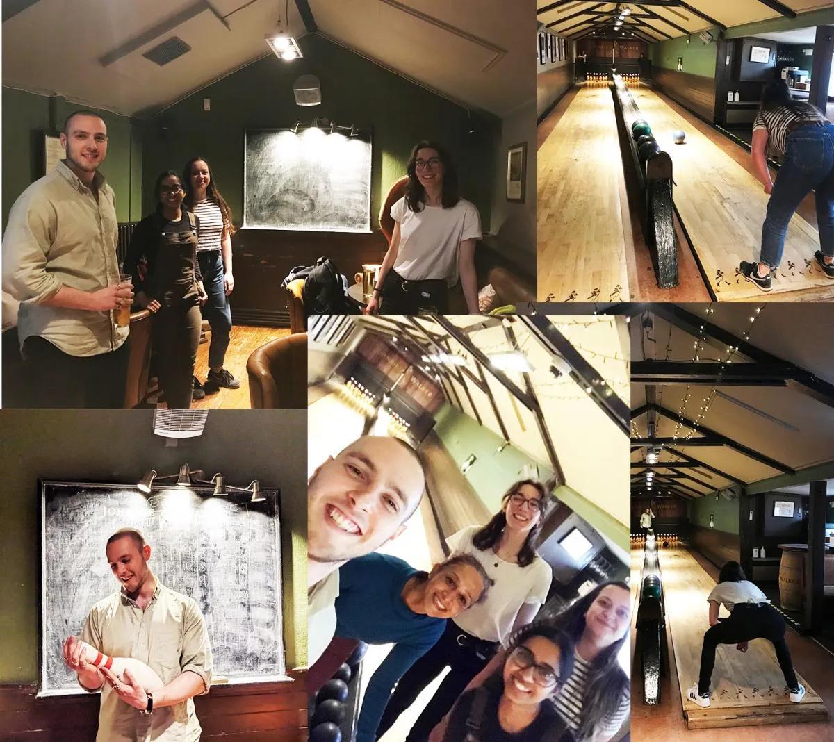 Collage of photos of the Philip group researchers playing skittles indoors.