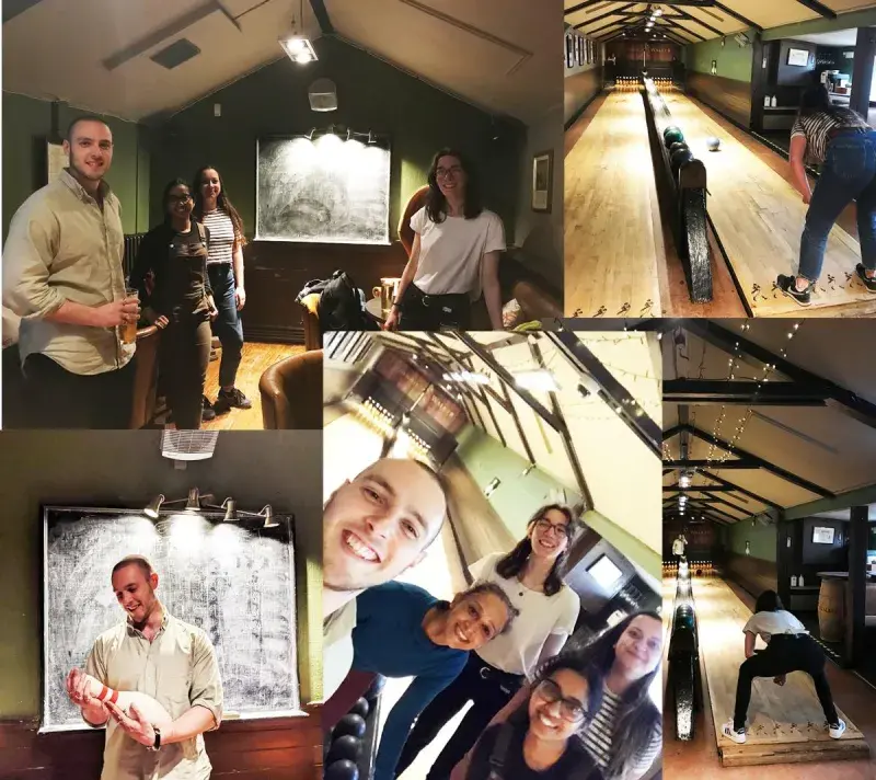 Collage of photos of the Philip group researchers playing skittles indoors.