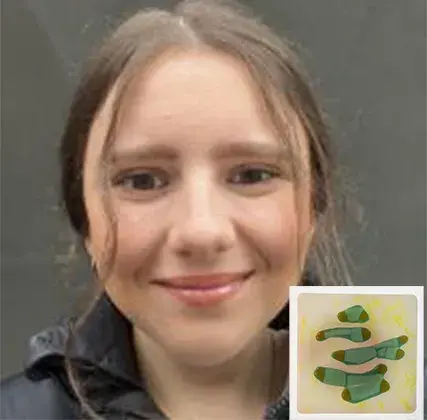 Headshot of Alex Pegg and photo of her tile artwork Colours of Life.