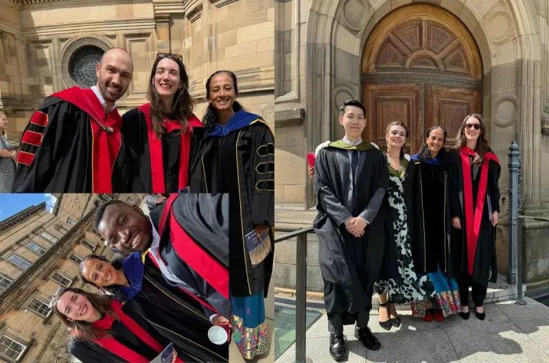 Collage of images of Domi, Luc, Sara and Stanley and Nisha wearing capes and posing in front of the entrance of the McEwan Hall.