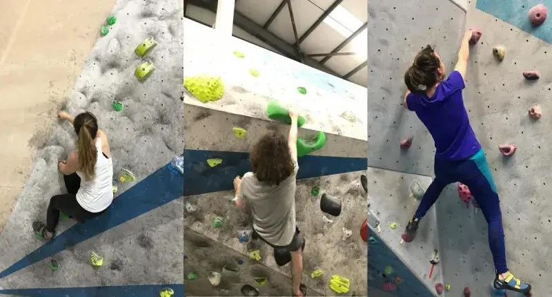 Collage of photos: 3 researchers from the Philip group on a bouldering wall.