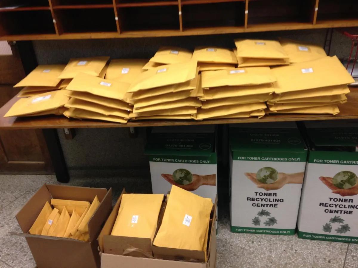 Photo of 100 Euphrasia collection kits in padded envolpes ready to post