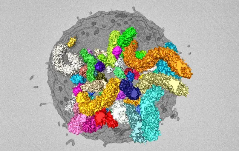 Microscopic image of cell nucleus, grey in background and brightly contrasting coloured DNA folds.