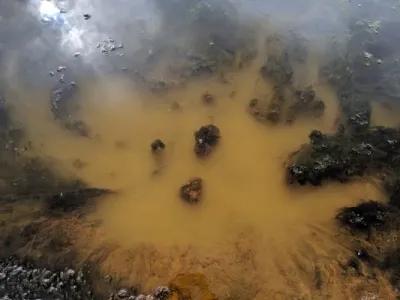 Photo of a riverbed with yellowish brown sediment and patches of green algae