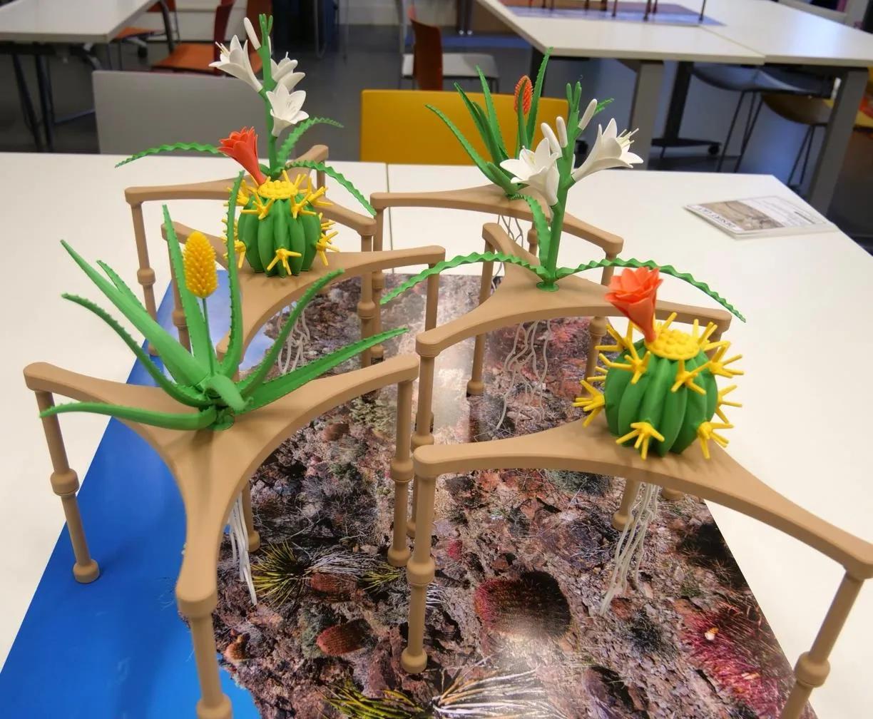 3D printed plants placed on a picture of a desert background.