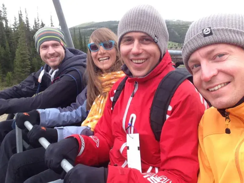 Photo of Gerben with Ned, Rachel, and John on a ski lift in Montana