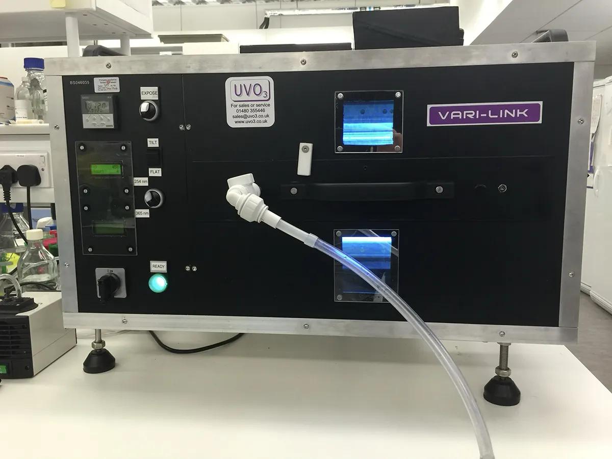 Photo of the Vari-X-linker UV cross-linker machine with cables, lights and buttons