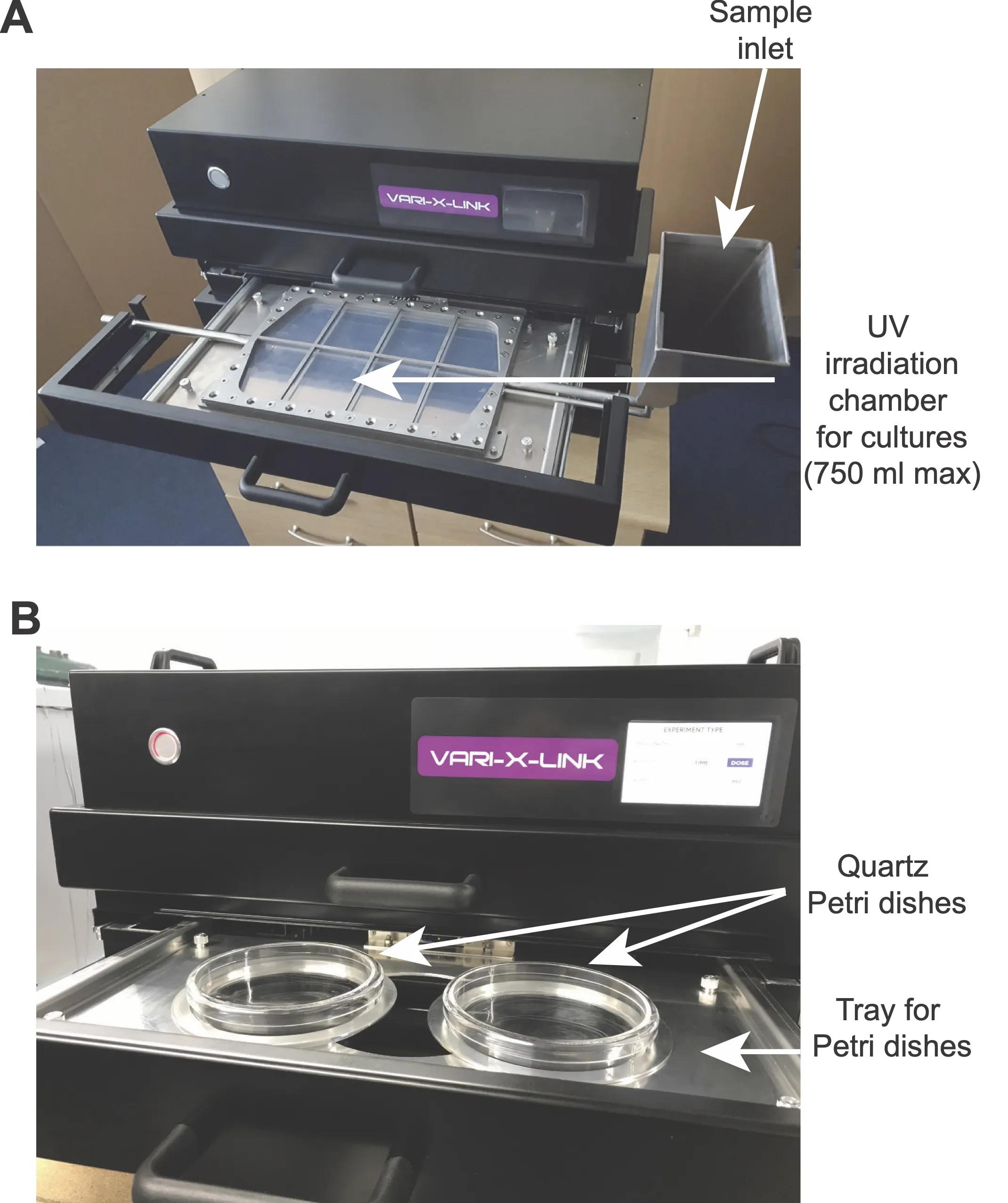 2 photos of the Vari-X-link illustrating the sample inlet, UV irradiation chamber for cultures (750ml max), quartz petri dishes and the tray for the petri dishes 