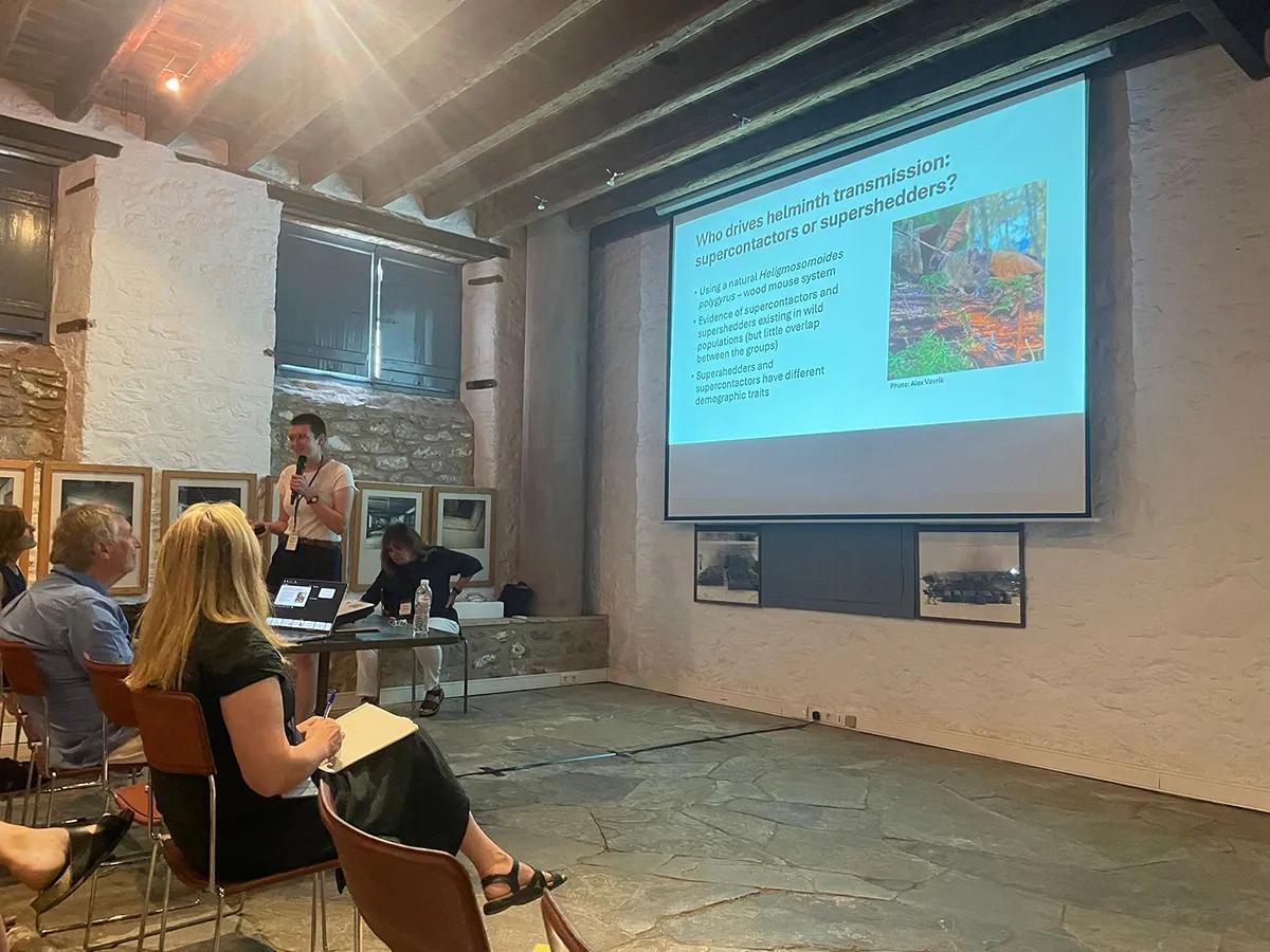 Photo of Rhoslyn Howroyd presenting at the Association for the Study of Animal Behaviour spring 2026 meeting in Bristol