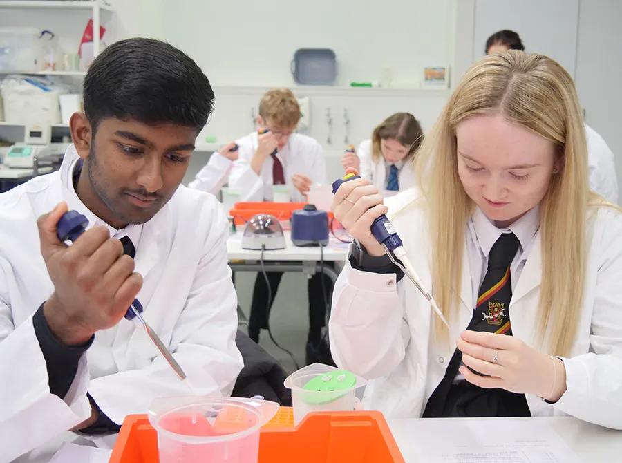 Photo of 2 school pupils using pipettes in a lab
