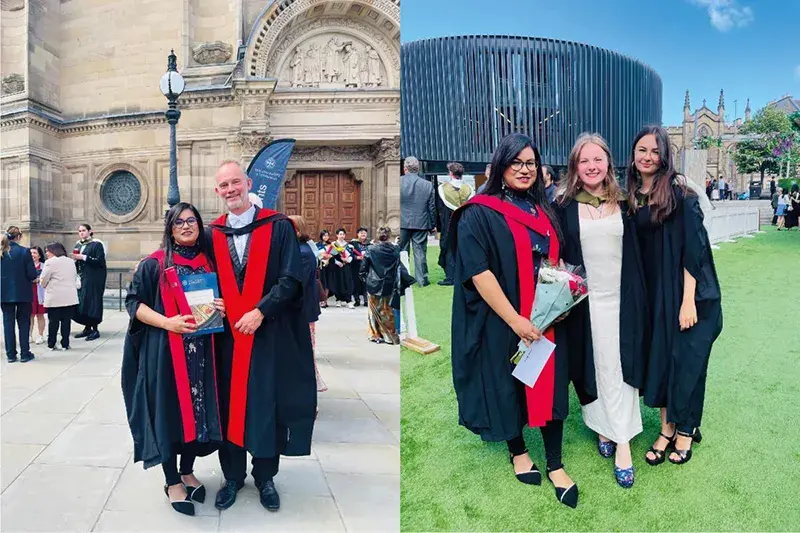 Two graduation photos, one with Kevin Hardwick and graduating student, the other with two graduating students