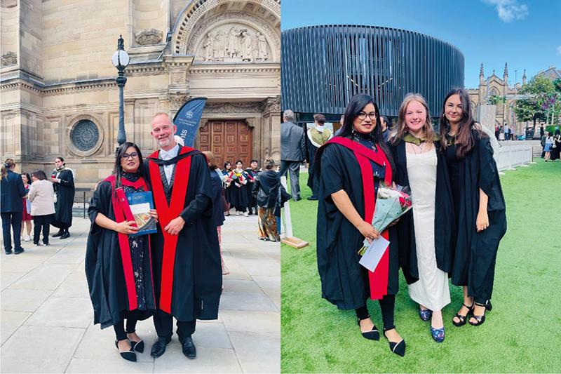 Two graduation photos, one with Kevin Hardwick and graduating student, the other with two graduating students