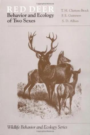 Cover of "Red deer: behavior and ecology of two sexes" - a monochrome drawing of a male deer, a female deer and a calf.