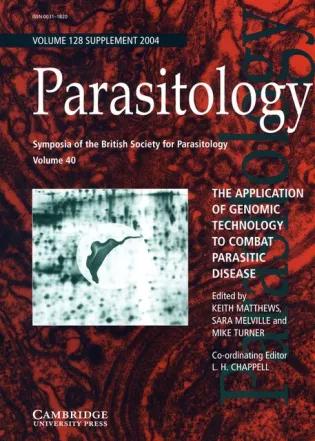 Cover of the Parasitology journal volume 128 featuring a trypanosome.