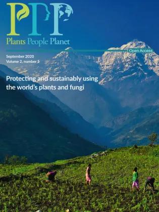 Journal cover from Plants People Planet, Septembetr 2020 captioned "Protecting and sustainably using the world's plants and fungi with an image of a mountainscape with people in foreground
