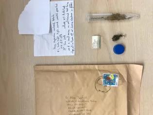 Photo of an envelope from the Fair Isles, a letter, and Euphrasia samples with a test tube and lid on a desk.